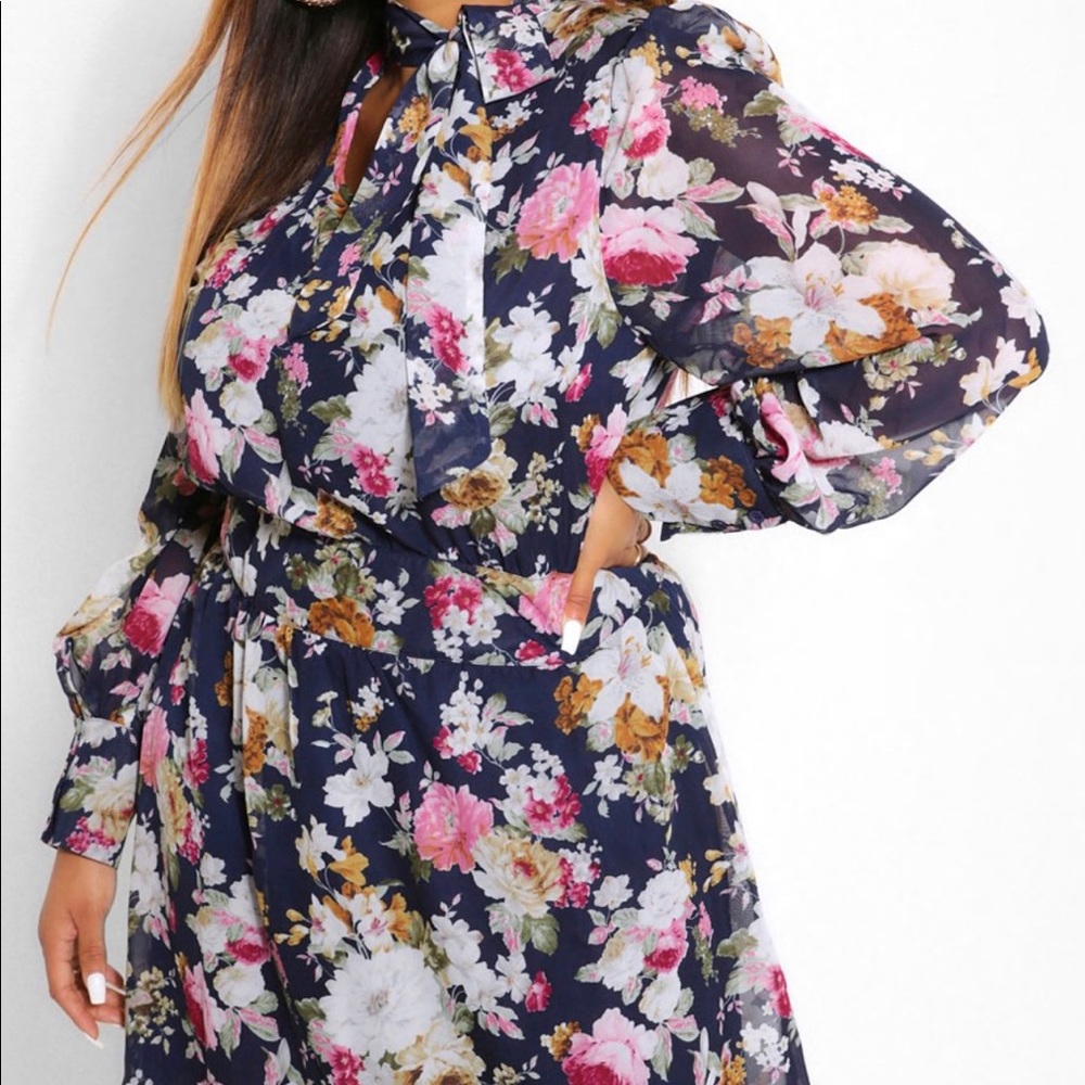 Boohoo Plus floral chiffon pussybow skater dress